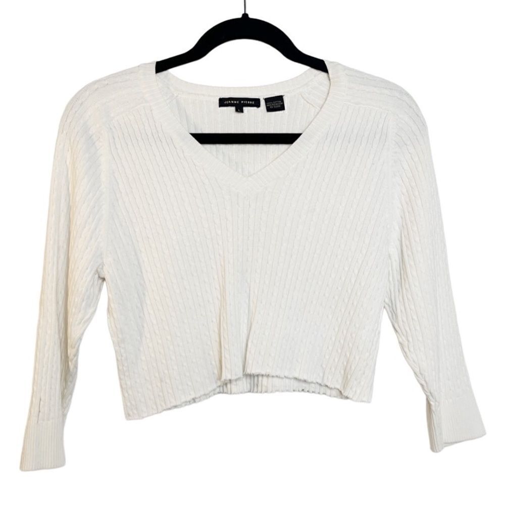 Jeanne Pierre Cable Knit 3/4 Sleeve Cropped Sweater Top White Size Large